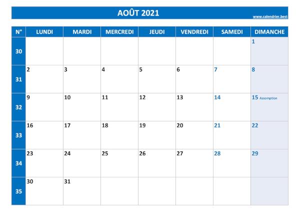 Calendrier août 2021 à imprimer.