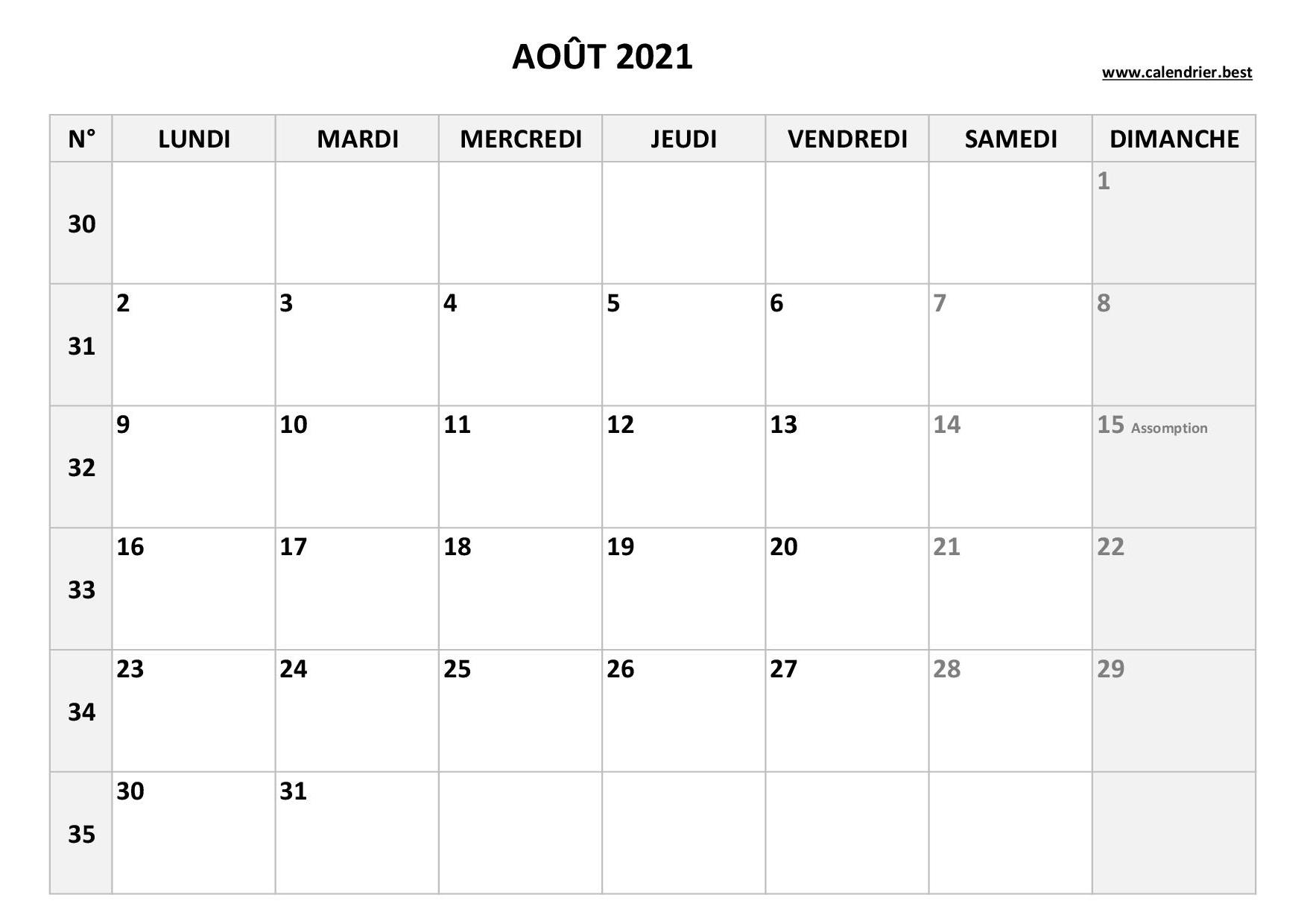 Calendrier Août 2021 avec semaines.