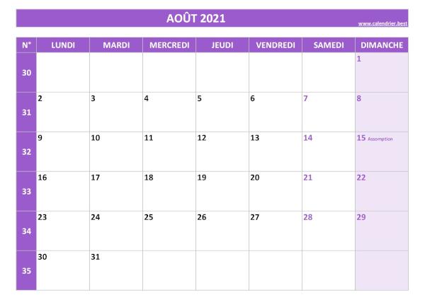 Calendrier du mois d'Août 2021 avec semaines à imprimer.