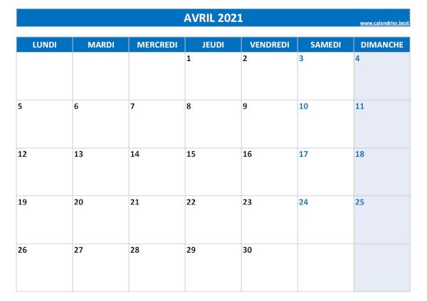 Calendrier du mois d'avril 2021 à imprimer.