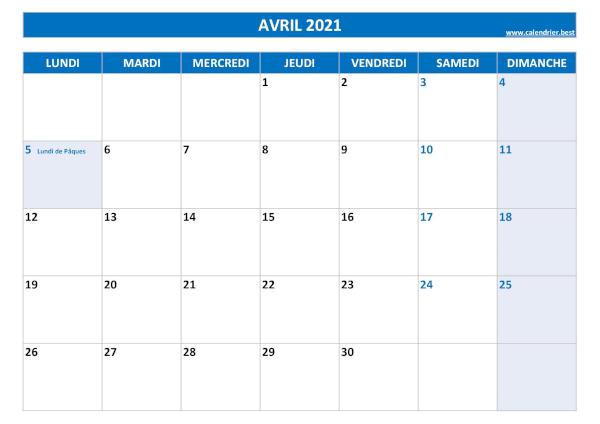 Calendrier Avril 2021 à imprimer avec jours fériés.