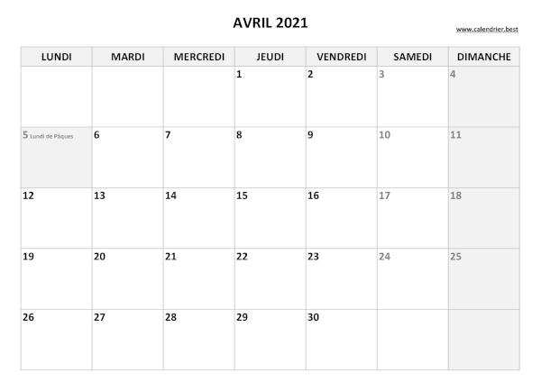 Calendrier Avril 2021 à imprimer avec jours fériés.