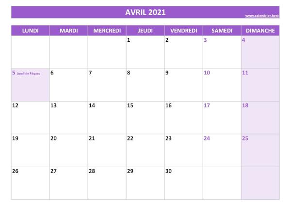 Calendrier du mois d'avril 2021 avec jours fériés à imprimer.