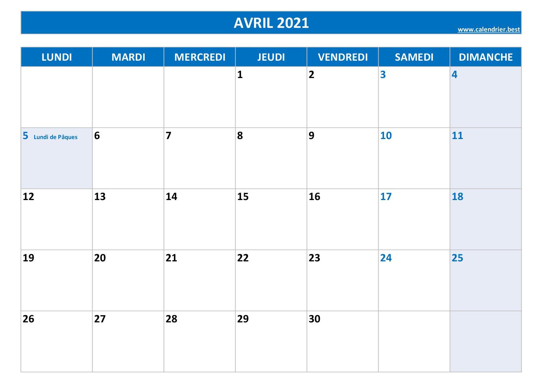 Calendrier Avril 2021 à Consulter Ou Imprimer Calendrierbest