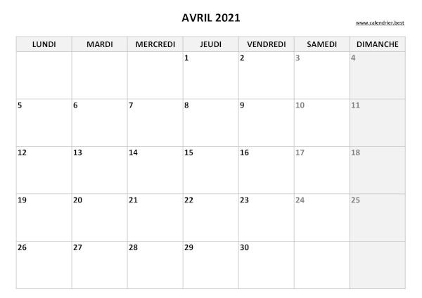 Calendrier Avril 2021 à imprimer.