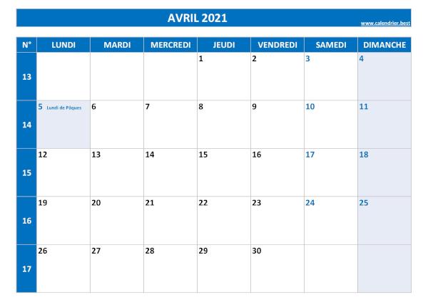 Calendrier du mois d'avril 2021 avec semaines à imprimer.