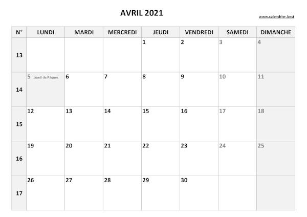 Calendrier Avril 2021 avec semaines.