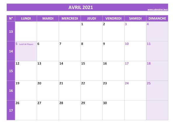 Calendrier Avril 2021 avec semaines.