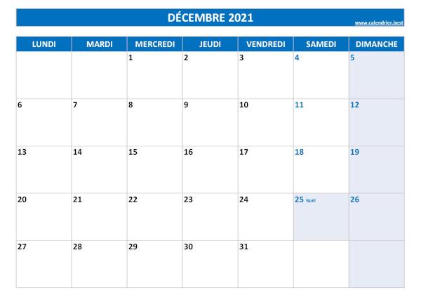 Calendrier du mois de décembre avec jours fériés 2021 à imprimer.
