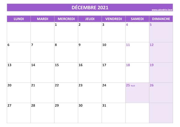 Calendrier du mois de Décembre 2021 avec jours fériés à imprimer gratuitement en pdf ou jpg, format A4 paysage, thème violet Calendrier Décembre 2021 à imprimer avec jours fériés.