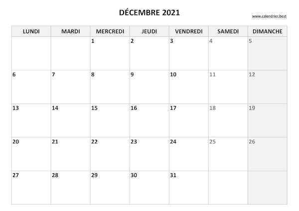 Calendrier du mois de décembre 2021 à imprimer.