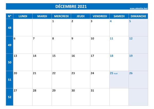 Calendrier décembre 2021 avec semaines paires et impaires.