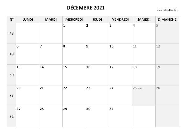 Calendrier du mois de décembre 2021 avec semaines à imprimer.
