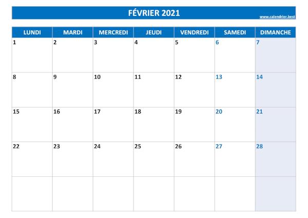 Calendrier février 2021 à imprimer.