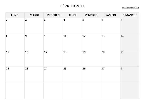 Calendrier février 2021 à imprimer.