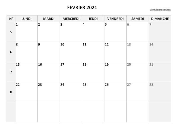 Calendrier février 2021 avec semaines.