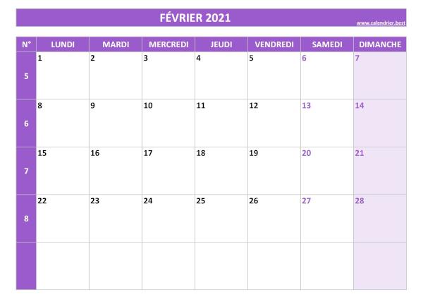 Calendrier du mois de février 2021 avec semaines à imprimer.