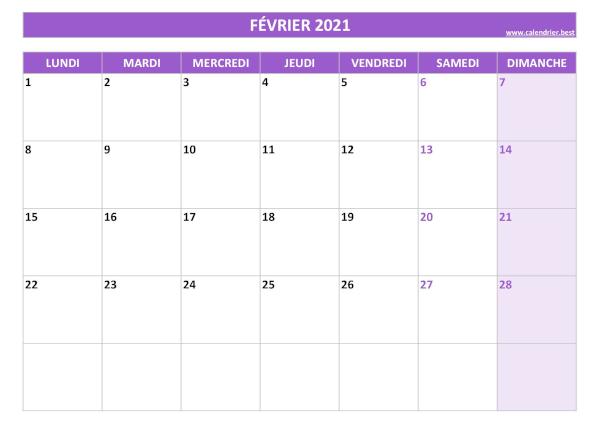 Calendrier février 2021 à imprimer.