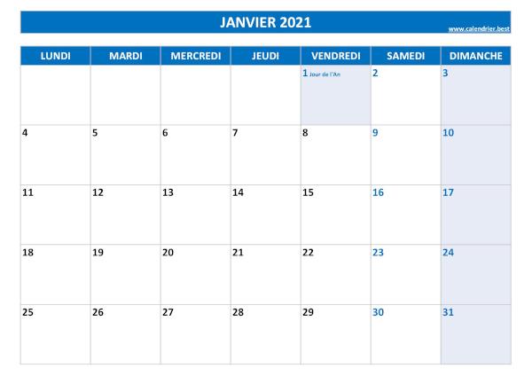 Calendrier du mois de janvier 2021 avec jours fériés à imprimer.