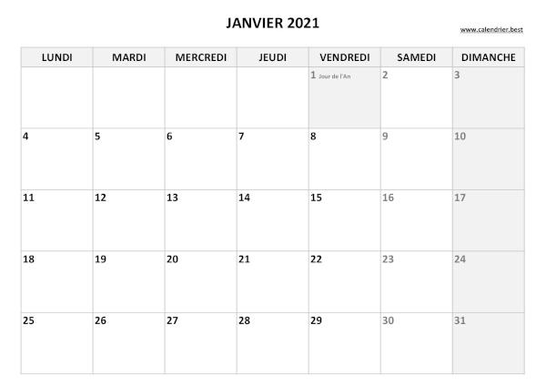 Calendrier janvier 2021 à imprimer