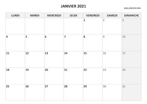 Calendrier janvier 2021 à imprimer.