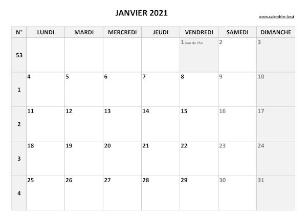 Calendrier janvier 2021 avec semaines.