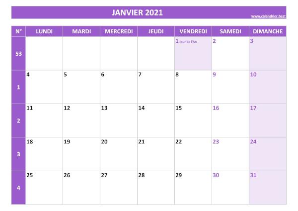 Calendrier janvier 2021 avec semaines.