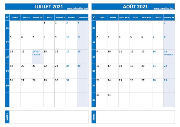 Calendrier de juillet et août 2021 à imprimer sur une page au format paysage, template bleu. Calendrier juillet août 2021.
