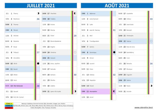Calendrier des mois de juillet et août 2021 avec fêtes et Saints du jour. Impression sur une page au format A4 paysage. Calendrier juillet août 2021 avec saints.