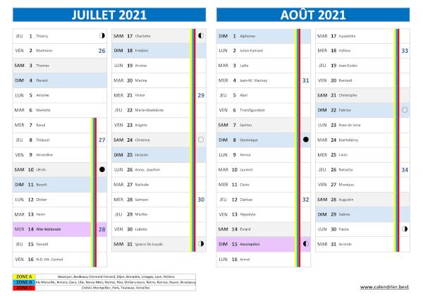 Calendrier juillet août 2021 avec saints.