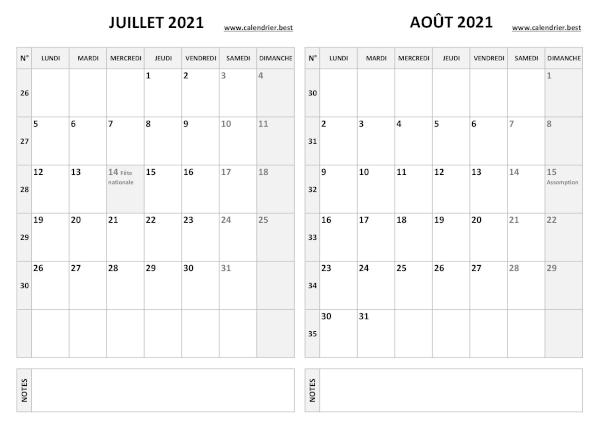 Calendrier 2021 pour les mois de juillet et août 2021