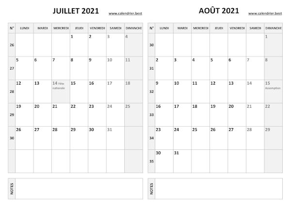 Calendrier de juillet et août 2021 à imprimer sur une page au format paysage, template gris. Calendrier juillet août 2021.