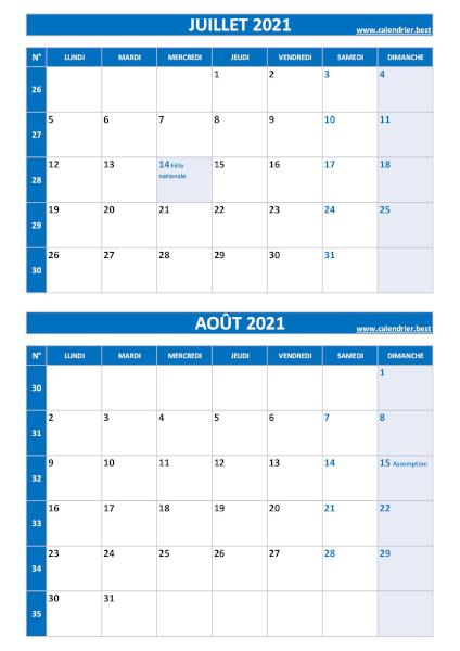 Calendrier juillet août 2021, portrait, bleu.