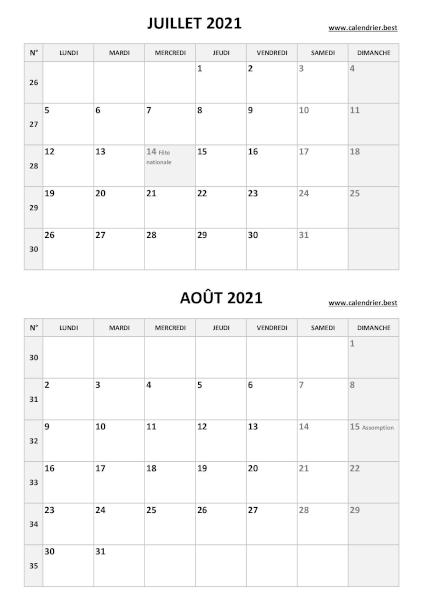 Calendrier des mois de juillet et août 2021 à imprimer sur une page au format portrait, template gris. Calendrier juillet août 2021, portrait, gris.