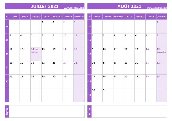 Calendrier de juillet et août 2021 à imprimer sur une page au format paysage, template violet. Calendrier juillet août 2021.