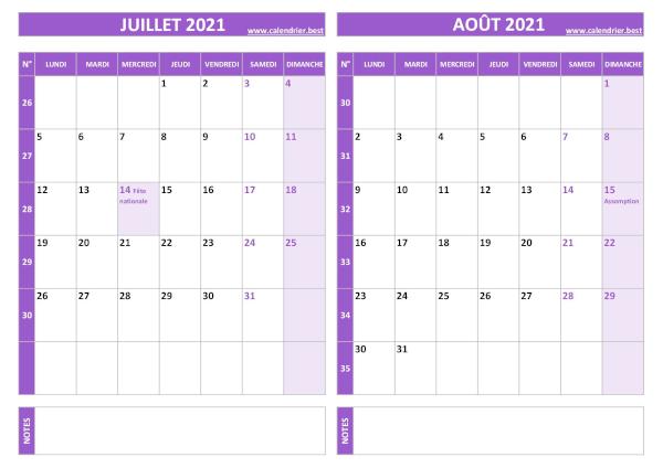 Calendrier juillet août 2021.