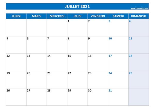 Calendrier du mois de juillet 2021 à imprimer.