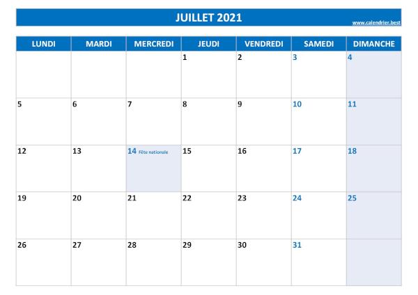 Calendrier du mois de juillet 2021 avec jours fériés à imprimer.