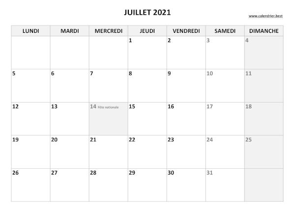 Calendrier Juillet 2021 à imprimer avec jours fériés.