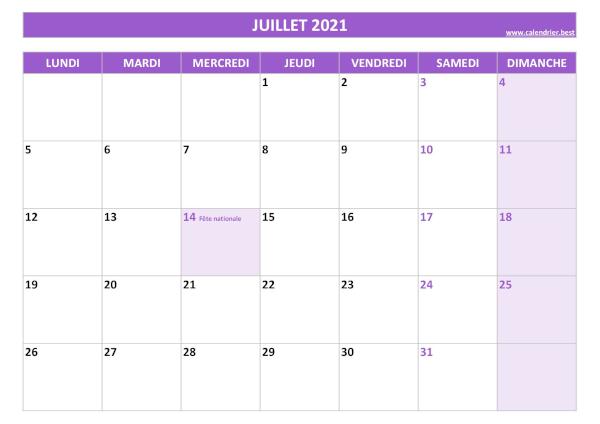 Calendrier Juillet 2021 à imprimer avec jours fériés.