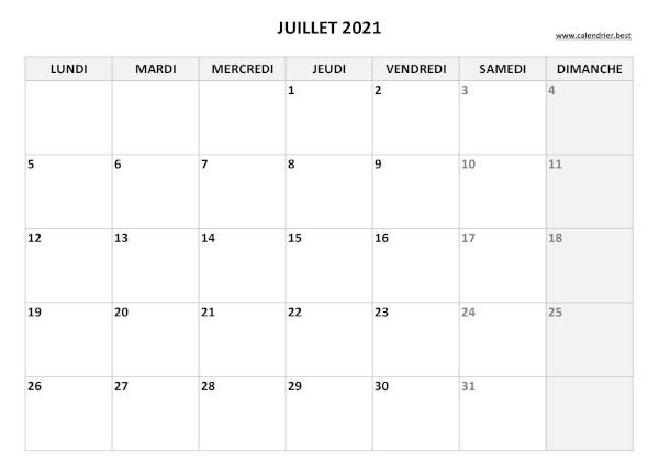 Calendrier Juillet 2021 à imprimer.