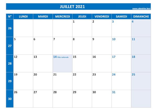 Calendrier du mois de juillet 2021 avec semaines à imprimer.