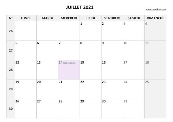 Calendrier Juillet 2021 avec semaines.