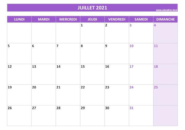 Calendrier Juillet 2021 à imprimer.