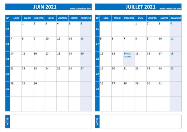 Calendrier juin juillet 2021.