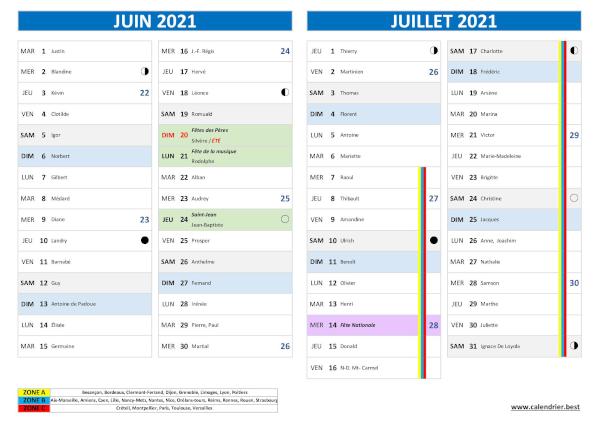 Calendrier juin juillet 2021 avec saints.