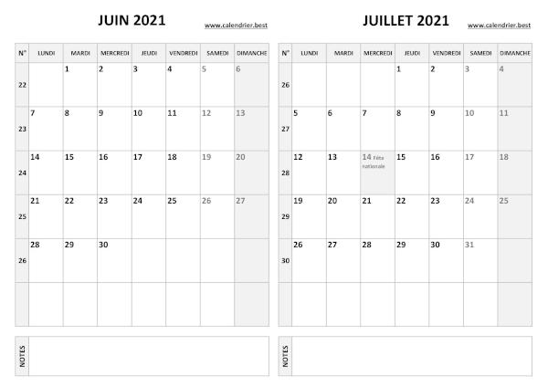 Calendrier juin juillet 2021 à imprimer (2 mois)