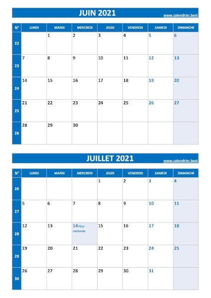 Calendrier juin juillet 2021, portrait, bleu.