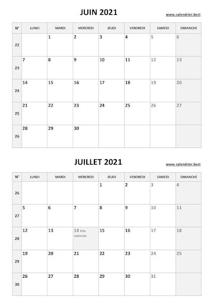 Calendrier juin juillet 2021, portrait, gris.