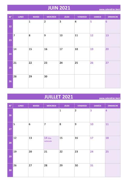 Calendrier juin juillet 2021, portrait, violet.
